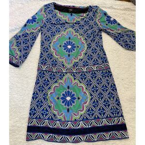 Laundry By Shelli Segal‎ Sheath Dress Blue Geometric 3/4 Sleeve Women's Size XS
